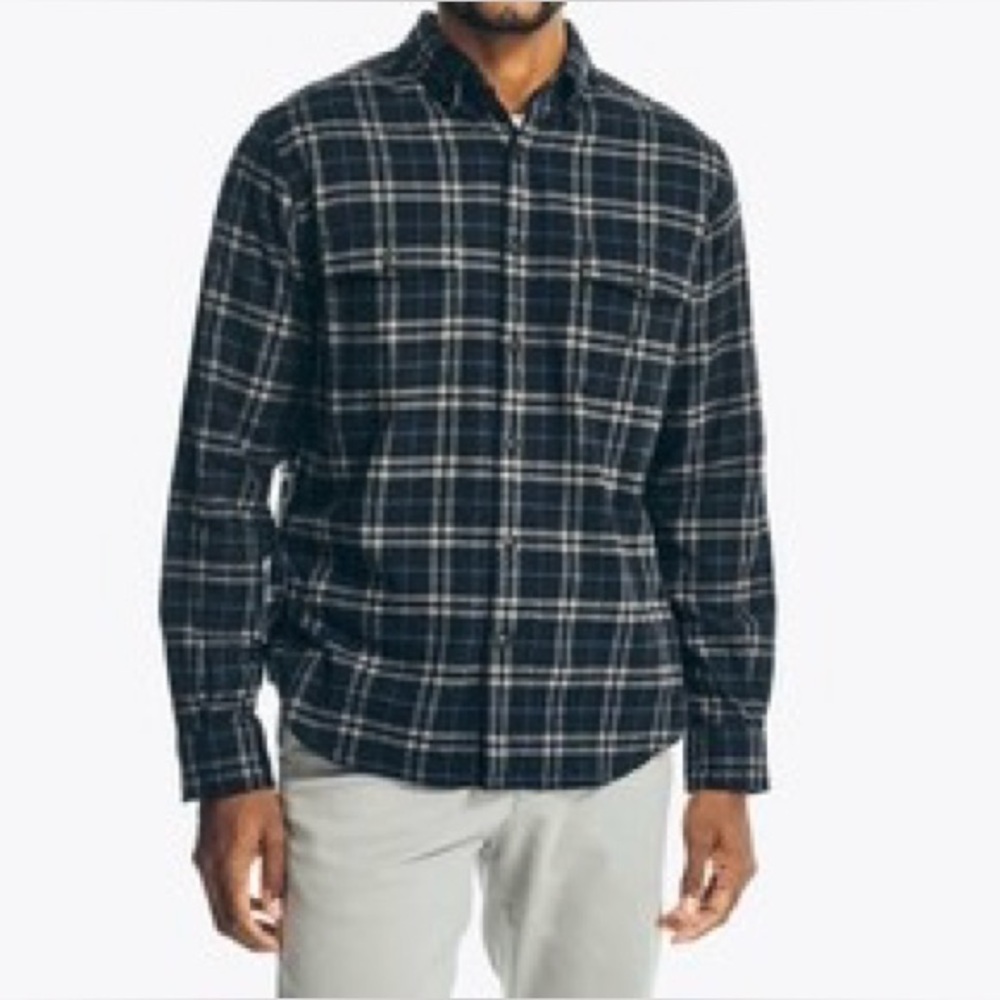 Nautica Navy and Gray Plaid Button Down Shirt
